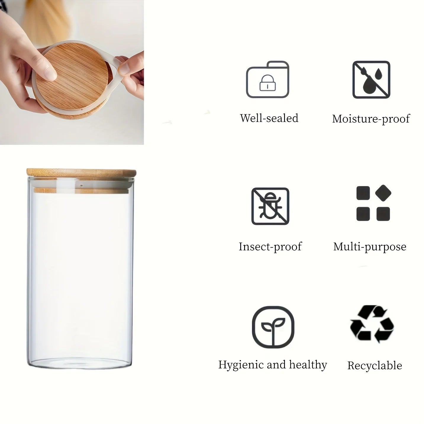 Bambuslåg opbevaringsglas – nærbillede af låg og silikonering, plastikfrit