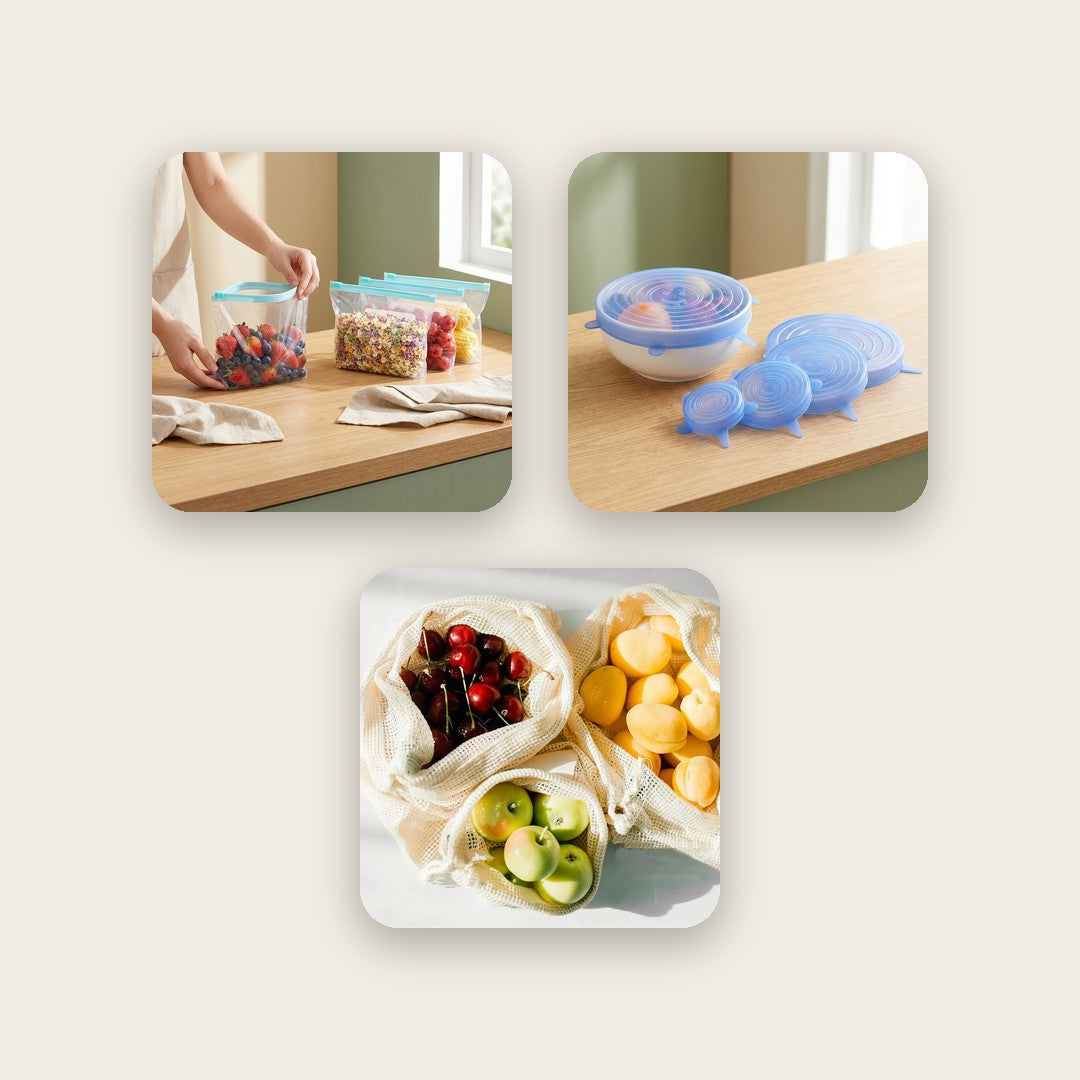 Zero-Waste Køkken-kit med silikoneposer, stræklåg og netposer til plastikfri opbevaring – Nordhjemmet